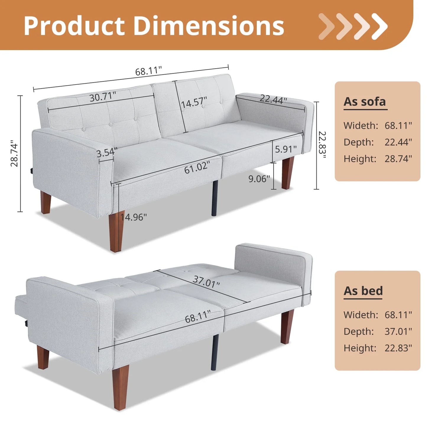 Modern Sofa, Convertible Memory Foam Sofa Futon for Living Room, Bedroom, Office,Apartment, Gray