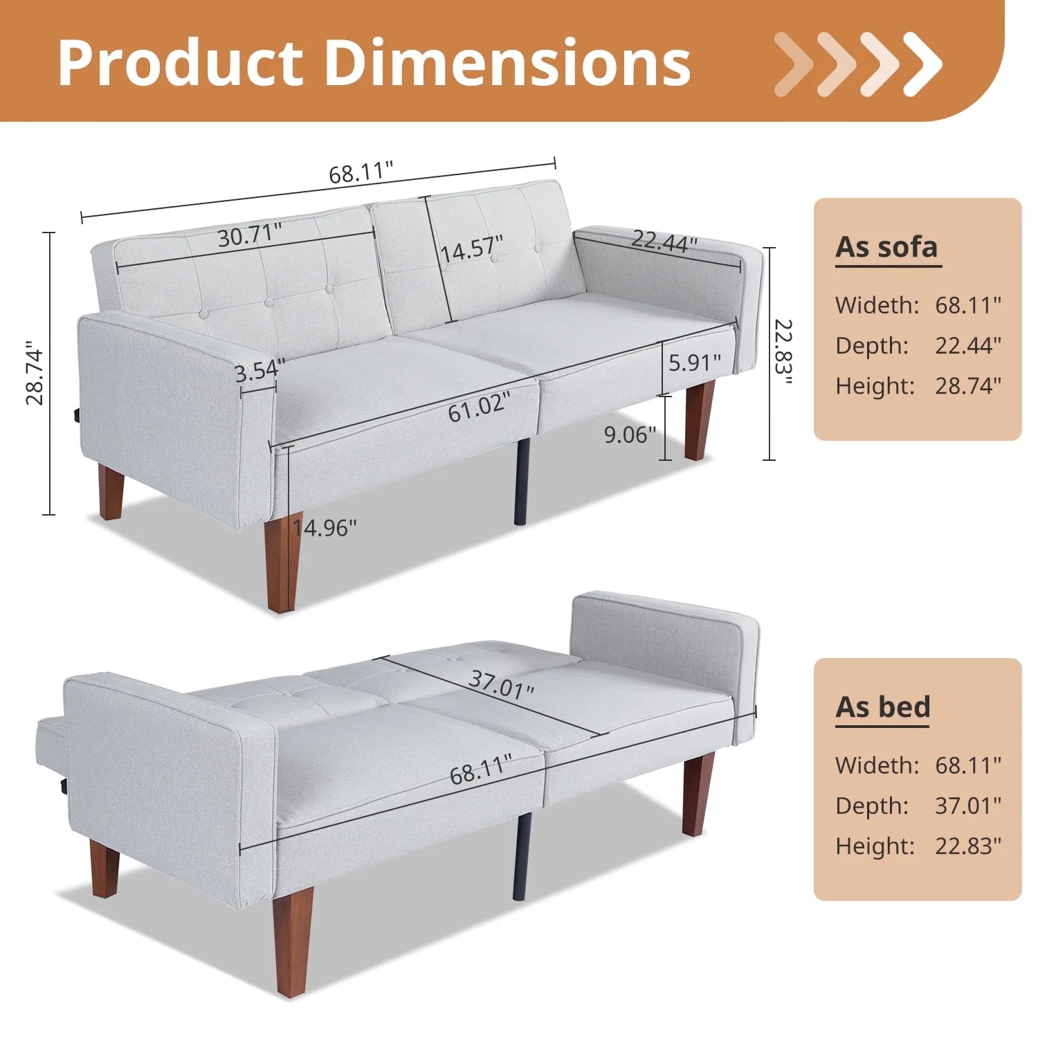 Modern Sofa, Convertible Memory Foam Sofa Futon for Living Room, Bedroom, Office,Apartment, Gray