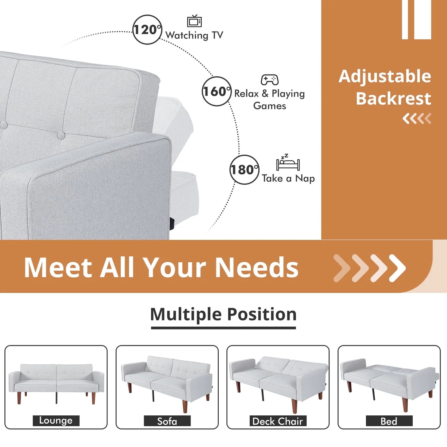 Modern Sofa, Convertible Memory Foam Sofa Futon for Living Room, Bedroom, Office,Apartment, Gray